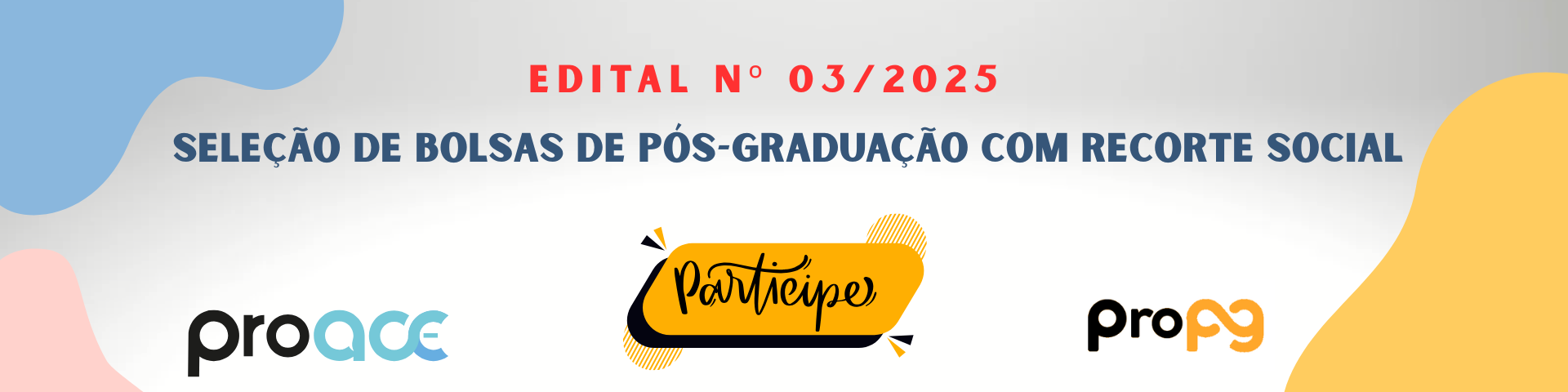 Inclusão, permanência e equidade na Pós-Graduação da UFSCar A Universidade Federal de São Carlos (UFSCar), por meio da Pró-Reitoria de Pós-Graduação (ProPG) e da Pró-Reitoria de Assuntos Comunitários e Estudantis (ProACE), torna público o Edital nº 03/2025, destinado à seleção de estudantes de mestrado e doutorado para recebimento de bolsas com recorte social, em consonância com os princípios de inclusão e justiça social.